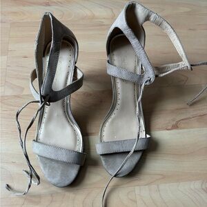 Madeline Stuart Taupe Lace-Up Suede Open-Toe Heels